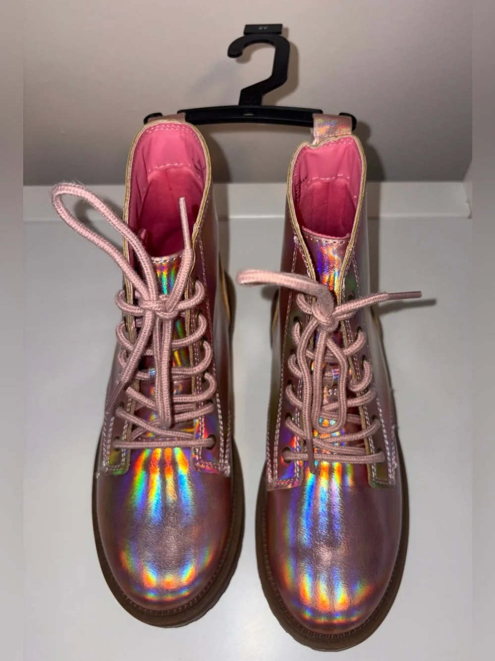 Iridescent Pink Holographic Lace-Up Combat Boots